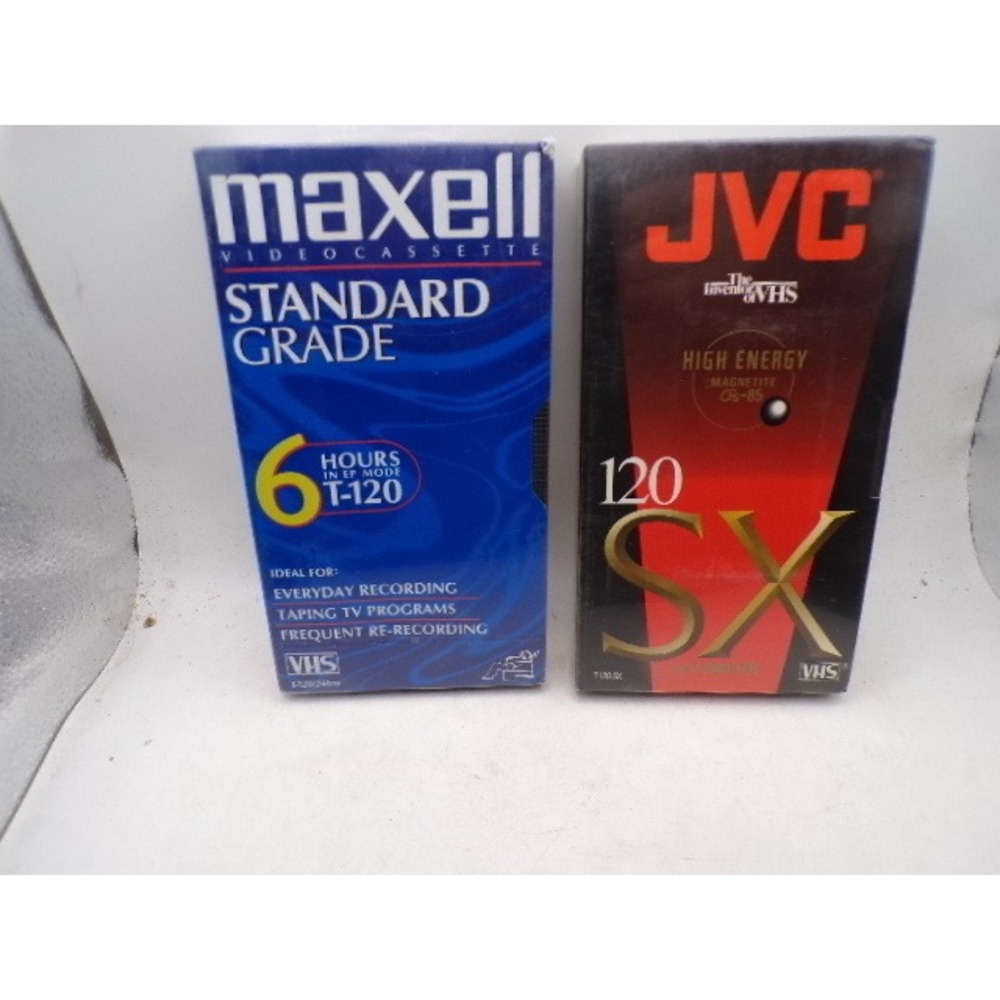 Maxell Standard Grade and JVC SX High Energy T-120 Blank VHS Tapes 2 Pack Sealed